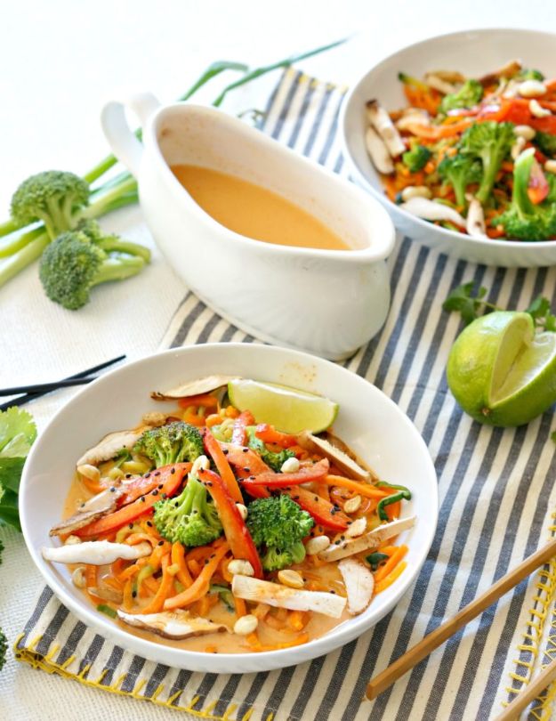 Veggie Noodle Recipes - Coconut Curry Veggie Noodle Bowl - How to Cook With Veggie Noodles - Healthy Pasta Recipe Ideas - How to Make Veggie Noodles With Carrots and Zucchini - Vegan, Vegetarian , Keto and Low Carb Dishes for Your Diet - Meatballs, Chicken, Cheese, Asian Stir Fry, Salad and Raw Preparations #veggienoodles #recipes #keto #lowcarb #ketorecipes #veggies #healthyrecipes #veganrecipes 