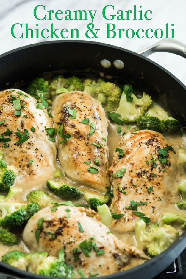 Chicken Breast Recipes - Creamy Garlic Chicken with Broccoli - Healthy, Easy Chicken Recipes for Dinner, Lunch, Parties and Quick Weeknight Meals - Boneless Chicken Breast Casserole Recipes, Oven Baked Ideas, Crockpot Chicken Breasts, Marinades for Grilled Foods, Salads, Shredded Chicken Tacos, Creamy Pasta, Keto and Low Carb, Mexican, Asian and Italian Food #chicken #recipes #healthy