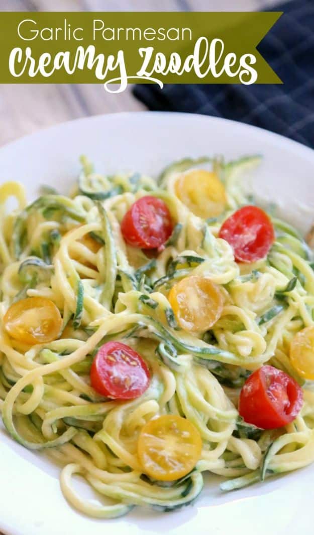 Veggie Noodle Recipes - Creamy Garlic Parmesan Zoodles - How to Cook With Veggie Noodles - Healthy Pasta Recipe Ideas - How to Make Veggie Noodles With Carrots and Zucchini - Vegan, Vegetarian , Keto and Low Carb Dishes for Your Diet - Meatballs, Chicken, Cheese, Asian Stir Fry, Salad and Raw Preparations #veggienoodles #recipes #keto #lowcarb #ketorecipes #veggies #healthyrecipes #veganrecipes 