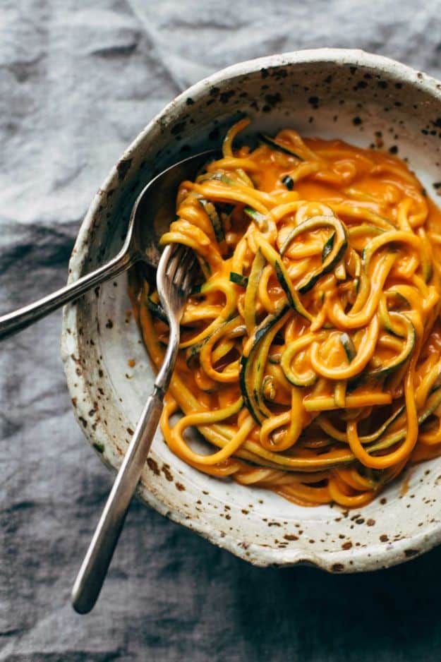 Veggie Noodle Recipes - Creamy Garlic Roasted Red Pepper Pasta - How to Cook With Veggie Noodles - Healthy Pasta Recipe Ideas - How to Make Veggie Noodles With Carrots and Zucchini - Vegan, Vegetarian , Keto and Low Carb Dishes for Your Diet - Meatballs, Chicken, Cheese, Asian Stir Fry, Salad and Raw Preparations #veggienoodles #recipes #keto #lowcarb #ketorecipes #veggies #healthyrecipes #veganrecipes 