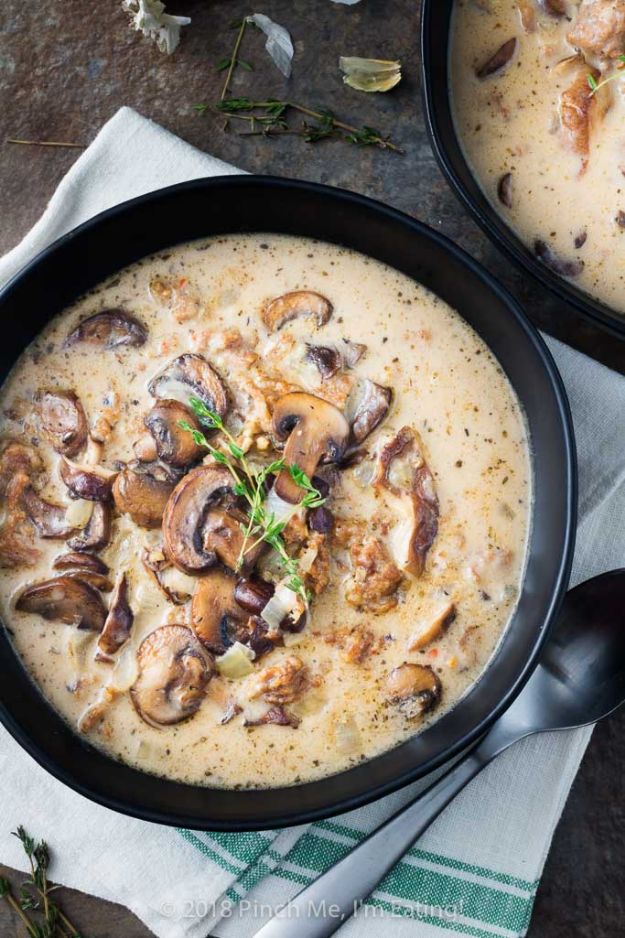 Best Italian Recipes - Creamy Mushroom Soup with Italian Sausage - Authentic and Traditional italian dishes For Dinner, Appetizers, and Easy Lunch - Pasta with Chicken, Lasagna, Noodles With Cheese, Healthy Recipe Ideas - Party Trays and Food For A Crowd - Fettucini, Spaghetti, Alfredo Sauce, Meatballs, Grilled Steak and Fish, Soup, Seafood, Vegetarian and Crockpot Versions #italian 