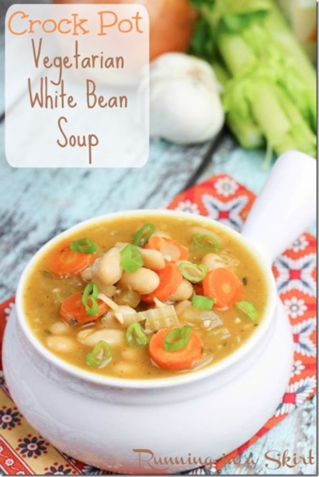 Soup Recipes - Crock Pot Vegetarian White Bean Soup - Healthy Soups and Recipe Ideas - Easy Slow Cooker Dishes, Soup Recipe for Chicken, Sausage, With Ground Beef, Potato, Vegetarian, Mexican and Asian Varieties - Creamy Soups for Winter and Fall - Low Carb and Keto Meals - Quick Bean Soup and Copycat Recipes #soup #recipes 