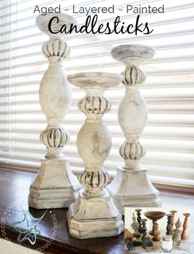 DIY Home Decor On A Budget - DIY Aged Layered Painted Candlesticks - Cheap Home Decorations to Make From The Dollar Store and Dollar Tree - Inexpensive Budget Friendly Wall Art, Furniture, Table Accents, Rugs, Pillows, Bedding and Chairs - Candles, Crafts To Make for Your Bedroom, Pretty Signs and Art, Linens, Storage and Organizing Ideas for Apartments #diydecor #decoratingideas #cheaphomedecor
