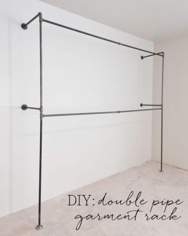 DIY Industrial Decor - DIY Double Pipe Garment Rack -  industrial Shelves, Furniture, Table, Desk, Cart, Headboard, Chandelier, Bookcase - Easy Pipe Shelf Tutorial - Rustic Farmhouse Home Decor on A Budget - Lighting Ideas for Bedroom, Bathroom and Kitchen  