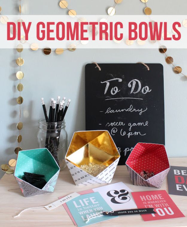 Paper Crafts DIY - DIY Geometric Bowls - Papercraft Tutorials and Easy Projects for Make for Decoration and Gift IDeas - Origami, Paper Flowers, Heart Decoration, Scrapbook Notions, Wall Art, Christmas Cards, Step by Step Tutorials for Crafts Made From Papers #crafts