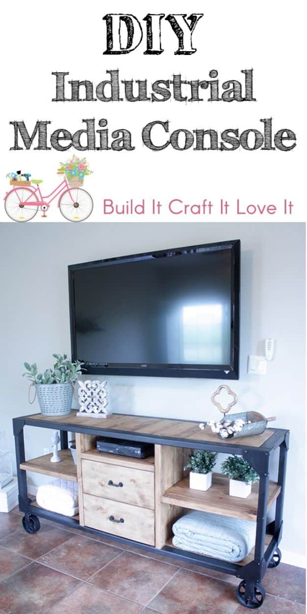 DIY Industrial Decor - DIY Industrial Media Console -  industrial Shelves, Furniture, Table, Desk, Cart, Headboard, Chandelier, Bookcase - Easy Pipe Shelf Tutorial - Rustic Farmhouse Home Decor on A Budget - Lighting Ideas for Bedroom, Bathroom and Kitchen  