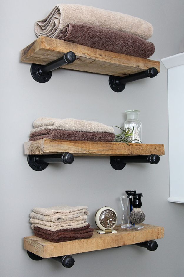 DIY Industrial Decor - DIY Industrial Pipe Shelves -  industrial Shelves, Furniture, Table, Desk, Cart, Headboard, Chandelier, Bookcase - Easy Pipe Shelf Tutorial - Rustic Farmhouse Home Decor on A Budget - Lighting Ideas for Bedroom, Bathroom and Kitchen  