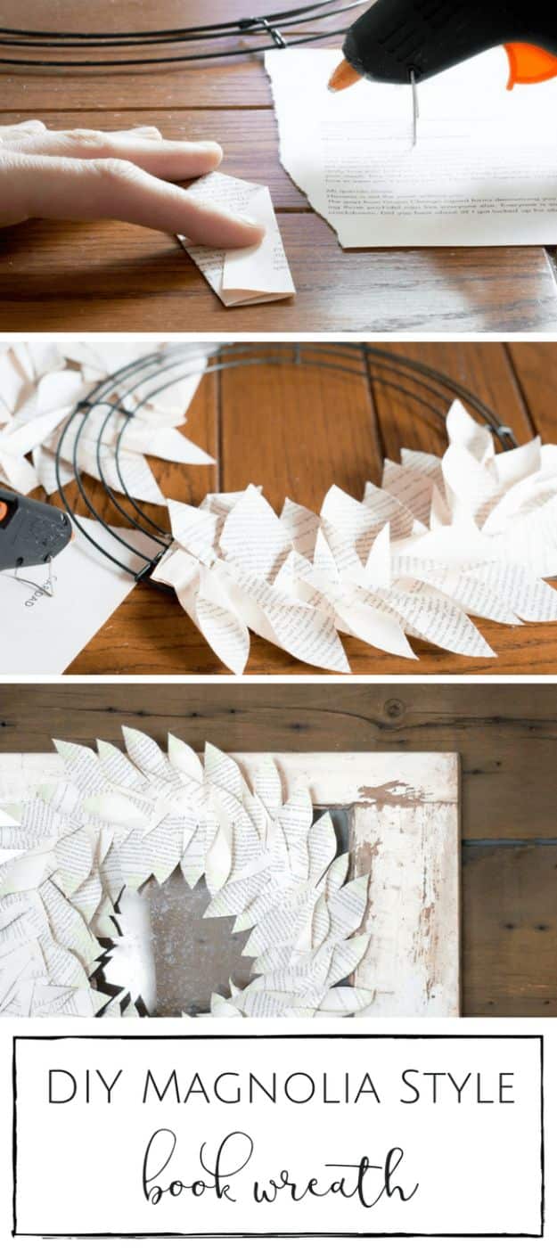 Paper Crafts DIY - DIY Magnolia Style Book Wreath - Papercraft Tutorials and Easy Projects for Make for Decoration and Gift IDeas - Origami, Paper Flowers, Heart Decoration, Scrapbook Notions, Wall Art, Christmas Cards, Step by Step Tutorials for Crafts Made From Papers #crafts