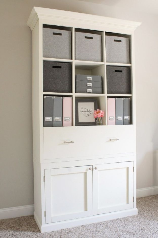 DIY Office Furniture - DIY Office Storage Cabinet Bookcase - Do It Yourself Home Office Furniture Ideas - Desk Projects, Thrift Store Makeovers, Chairs, Office File Cabinets and Organization - Shelving, Bulletin Boards, Wall Art for Offices and Creative Work Spaces in Your House - Tables, Armchairs, Desk Accessories and Easy Desks To Make On A Budget #diyoffice #diyfurniture #diy #diyhomedecor #diyideas 