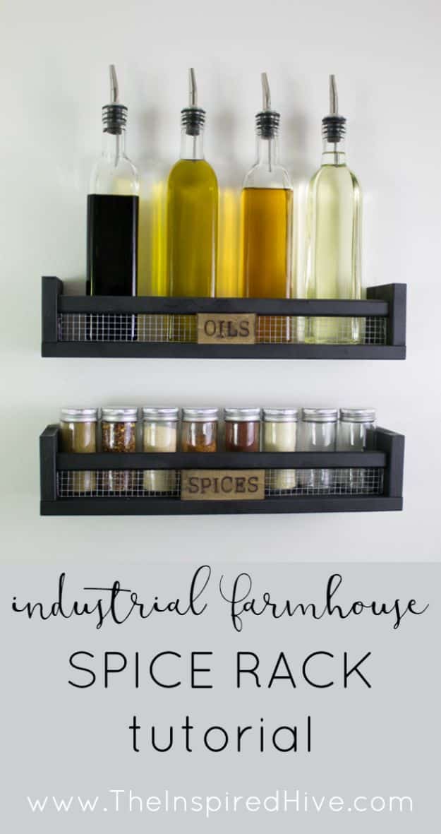 DIY Industrial Decor - DIY Rustic Wall Mounted Spice Rack -  industrial Shelves, Furniture, Table, Desk, Cart, Headboard, Chandelier, Bookcase - Easy Pipe Shelf Tutorial - Rustic Farmhouse Home Decor on A Budget - Lighting Ideas for Bedroom, Bathroom and Kitchen  