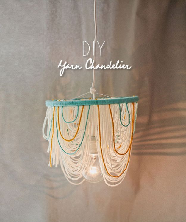 DIY Home Decor On A Budget - DIY Yarn Chandelier - Cheap Home Decorations to Make From The Dollar Store and Dollar Tree - Inexpensive Budget Friendly Wall Art, Furniture, Table Accents, Rugs, Pillows, Bedding and Chairs - Candles, Crafts To Make for Your Bedroom, Pretty Signs and Art, Linens, Storage and Organizing Ideas for Apartments #diydecor #decoratingideas #cheaphomedecor