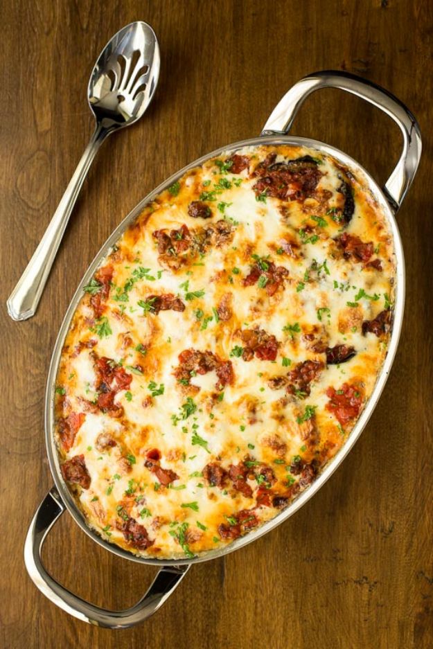 Best Italian Recipes - Eggplant and Italian Sausage Gratin - Authentic and Traditional italian dishes For Dinner, Appetizers, and Easy Lunch - Pasta with Chicken, Lasagna, Noodles With Cheese, Healthy Recipe Ideas - Party Trays and Food For A Crowd - Fettucini, Spaghetti, Alfredo Sauce, Meatballs, Grilled Steak and Fish, Soup, Seafood, Vegetarian and Crockpot Versions #italian 