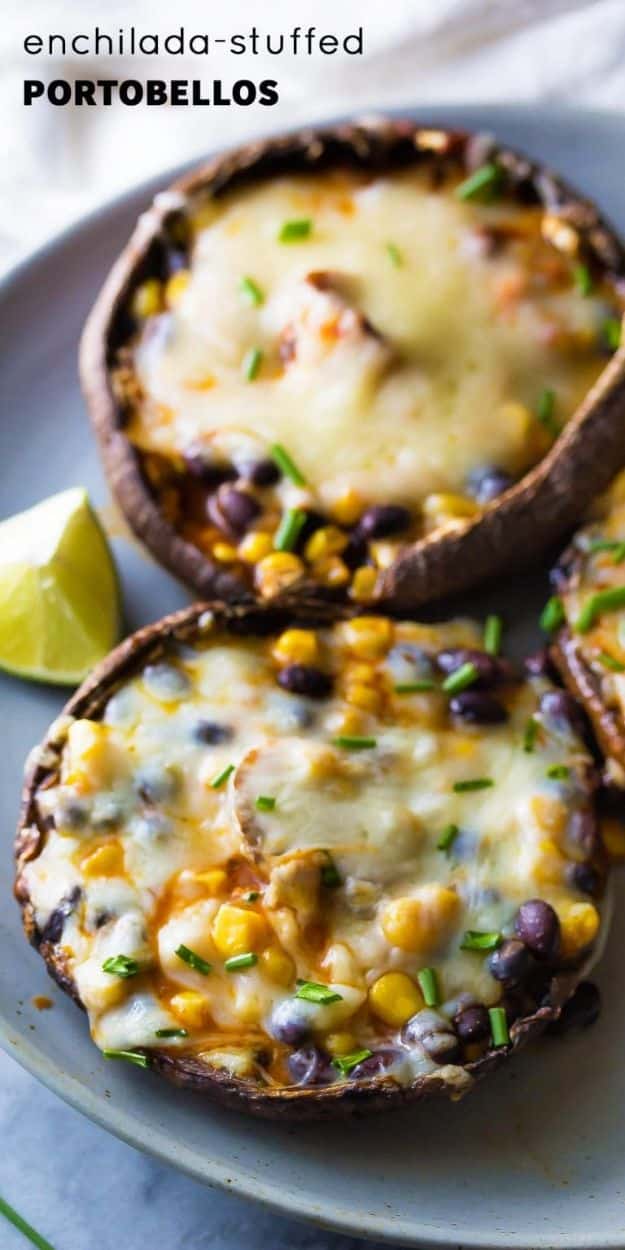 Enchiladas - Enchilada Stuffed Grilled Portobello Mushrooms - Best Easy Enchilada Recipes and Enchilada Casserole With Chicken, Beef, Cheese, Shrimp, Turkey and Vegetarian - Healthy Salsa for Green Verdes, Sour Cream Enchiladas Mexicanas, White Sauce, Crockpot Ideas - Dinner, Lunch and Party Food Ideas to Feed A Group or Crowd #enchiladas #mexican #recipes
