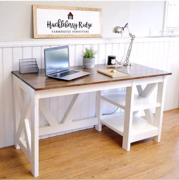 DIY Office Furniture - Farmhouse X Office Desk - Do It Yourself Home Office Furniture Ideas - Desk Projects, Thrift Store Makeovers, Chairs, Office File Cabinets and Organization - Shelving, Bulletin Boards, Wall Art for Offices and Creative Work Spaces in Your House - Tables, Armchairs, Desk Accessories and Easy Desks To Make On A Budget #diyoffice #diyfurniture #diy #diyhomedecor #diyideas 