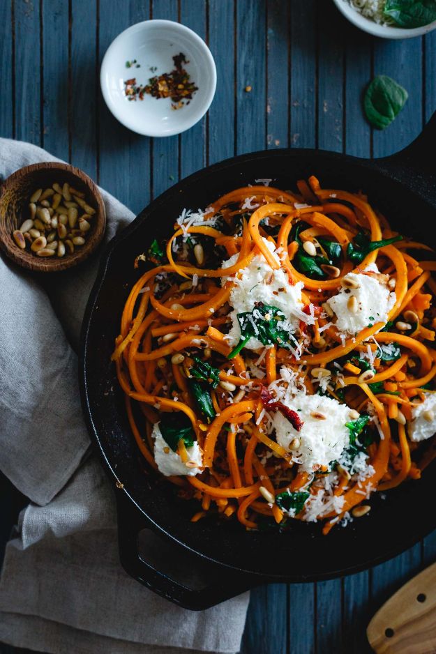 Veggie Noodle Recipes - Garlicky Butternut Squash Noodles With Spinach and Ricotta - How to Cook With Veggie Noodles - Healthy Pasta Recipe Ideas - How to Make Veggie Noodles With Carrots and Zucchini - Vegan, Vegetarian , Keto and Low Carb Dishes for Your Diet - Meatballs, Chicken, Cheese, Asian Stir Fry, Salad and Raw Preparations #veggienoodles #recipes #keto #lowcarb #ketorecipes #veggies #healthyrecipes #veganrecipes 