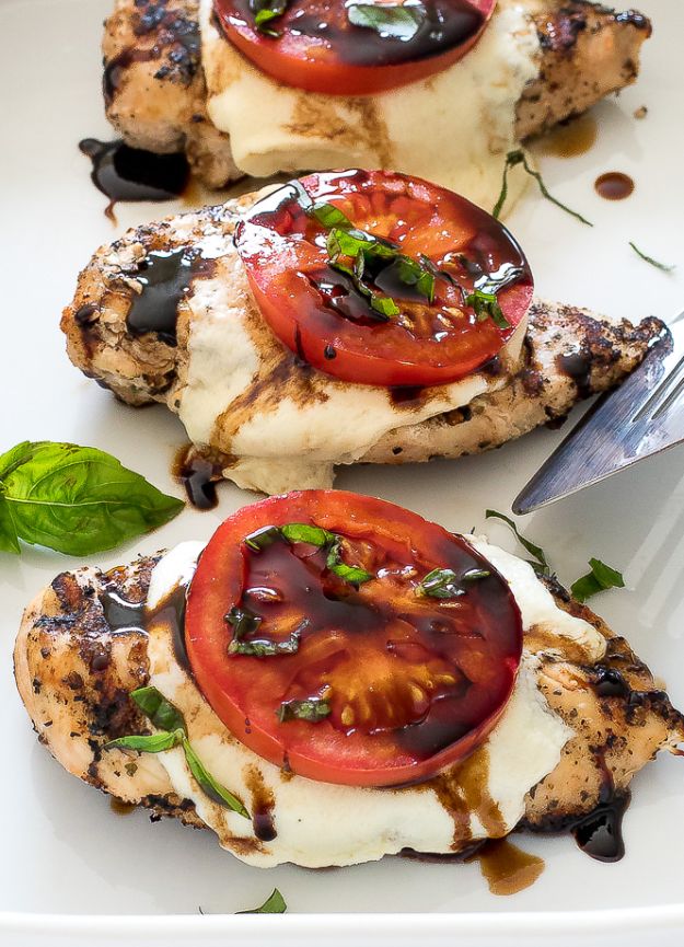 Chicken Breast Recipes - Grilled Chicken Caprese - Healthy, Easy Chicken Recipes for Dinner, Lunch, Parties and Quick Weeknight Meals - Boneless Chicken Breast Casserole Recipes, Oven Baked Ideas, Crockpot Chicken Breasts, Marinades for Grilled Foods, Salads, Shredded Chicken Tacos, Creamy Pasta, Keto and Low Carb, Mexican, Asian and Italian Food #chicken #recipes #healthy