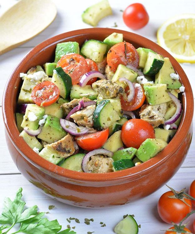 Easy Healthy Chicken Recipes - Healthy Chicken, Cucumber, Tomato and Avocado Salad - Lunch and Dinner Ideas, Party Foods and Casseroles, Idea for the Grill and Salads- Chicken Breast, Baked, Roastedf and Grilled Chicken #recipes #healthy #chicken