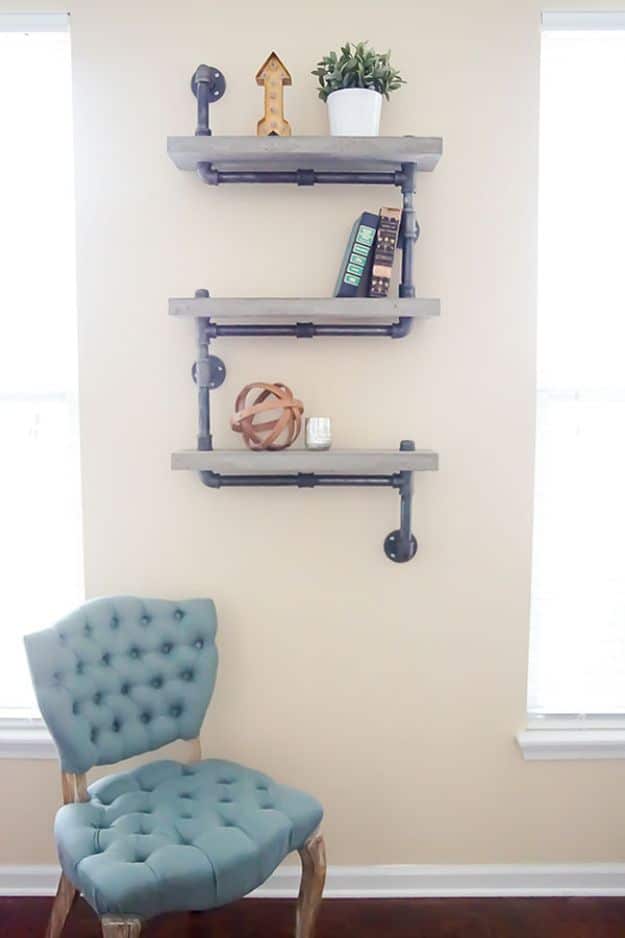 DIY Industrial Decor - Industrial Chic Concrete and Pipe Shelves -  industrial Shelves, Furniture, Table, Desk, Cart, Headboard, Chandelier, Bookcase - Easy Pipe Shelf Tutorial - Rustic Farmhouse Home Decor on A Budget - Lighting Ideas for Bedroom, Bathroom and Kitchen  