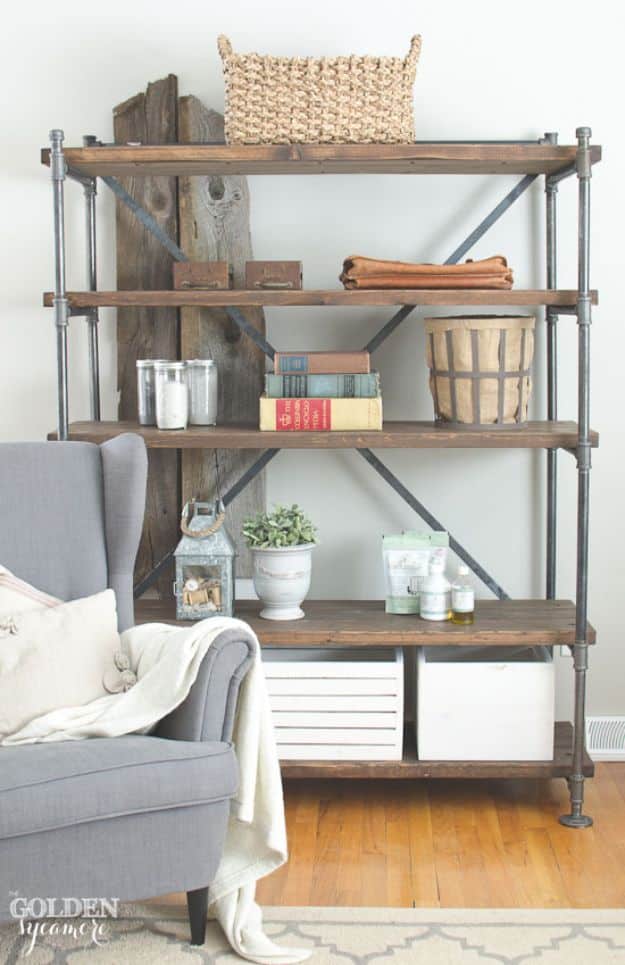 DIY Industrial Decor - Industrial Pipe Shelving Unit -  industrial Shelves, Furniture, Table, Desk, Cart, Headboard, Chandelier, Bookcase - Easy Pipe Shelf Tutorial - Rustic Farmhouse Home Decor on A Budget - Lighting Ideas for Bedroom, Bathroom and Kitchen  