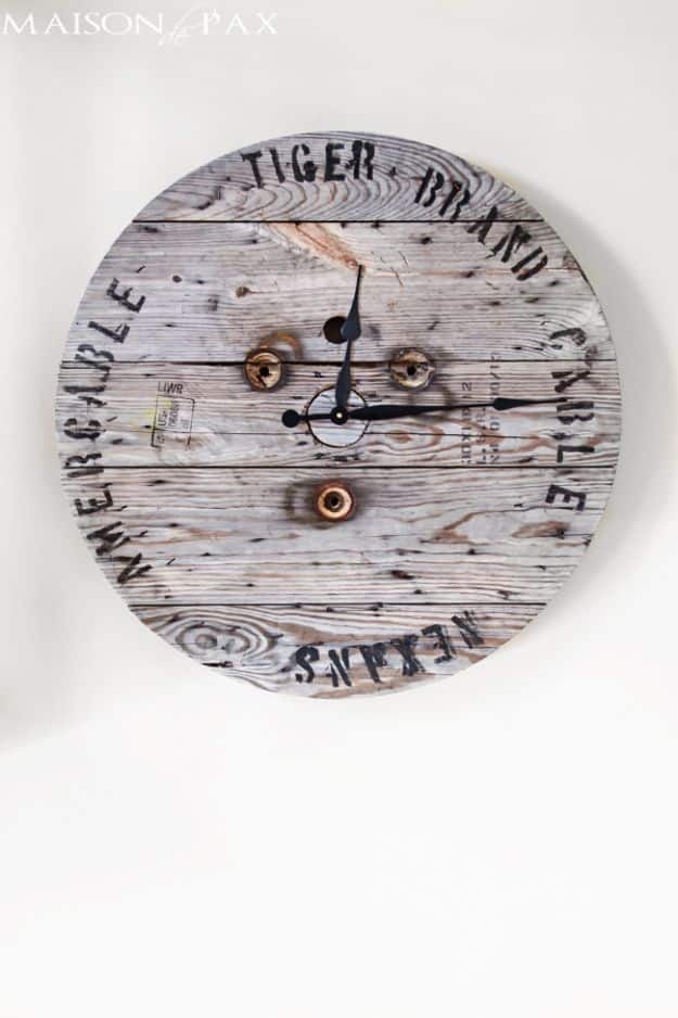 DIY Industrial Decor - Industrial Spool Clock -  industrial Shelves, Furniture, Table, Desk, Cart, Headboard, Chandelier, Bookcase - Easy Pipe Shelf Tutorial - Rustic Farmhouse Home Decor on A Budget - Lighting Ideas for Bedroom, Bathroom and Kitchen  