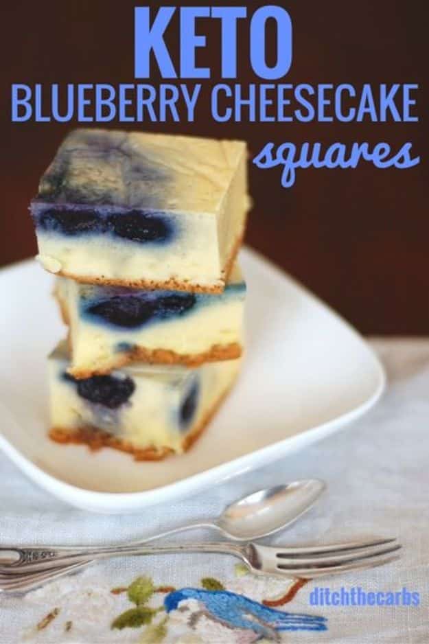 Keto Dessert Recipes - Keto Blueberry Cheesecake Squares - Easy Ketogenic Diet Dessert Recipes and Recipe Ideas - Shakes, Cakes In A Mug, Low Carb Brownies, Gluten Free Cookies #keto #ketorecipes #desserts