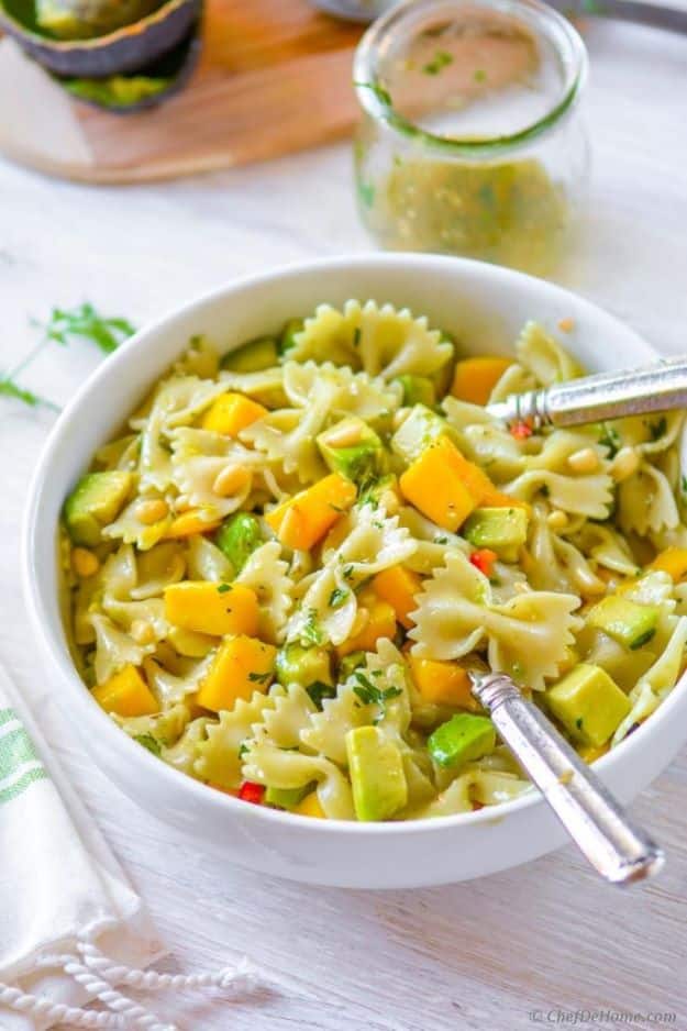 Avocado Recipes - Mango Avocado Pasta Salad with Cilantro Lime Dressing - Quick Avocado Toast, Eggs, Keto Guacamole, Dips, Salads, Healthy Lunches, Breakfast, Dessert and Dinners - Party Foods, Soups, Low Carb Salad Dressings and Smoothie #avocado #recipes