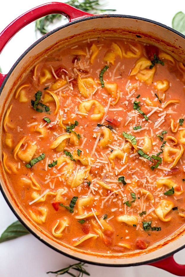 Soup Recipes - One-Pot Creamy Tomato Tortellini Soup - Healthy Soups and Recipe Ideas - Easy Slow Cooker Dishes, Soup Recipe for Chicken, Sausage, With Ground Beef, Potato, Vegetarian, Mexican and Asian Varieties - Creamy Soups for Winter and Fall - Low Carb and Keto Meals - Quick Bean Soup and Copycat Recipes #soup #recipes 