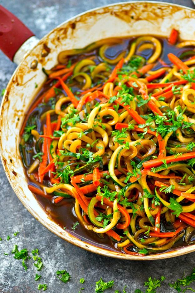 Veggie Noodle Recipes - One-Pot Teriyaki Veggie Noodles Skillet - How to Cook With Veggie Noodles - Healthy Pasta Recipe Ideas - How to Make Veggie Noodles With Carrots and Zucchini - Vegan, Vegetarian , Keto and Low Carb Dishes for Your Diet - Meatballs, Chicken, Cheese, Asian Stir Fry, Salad and Raw Preparations #veggienoodles #recipes #keto #lowcarb #ketorecipes #veggies #healthyrecipes #veganrecipes 