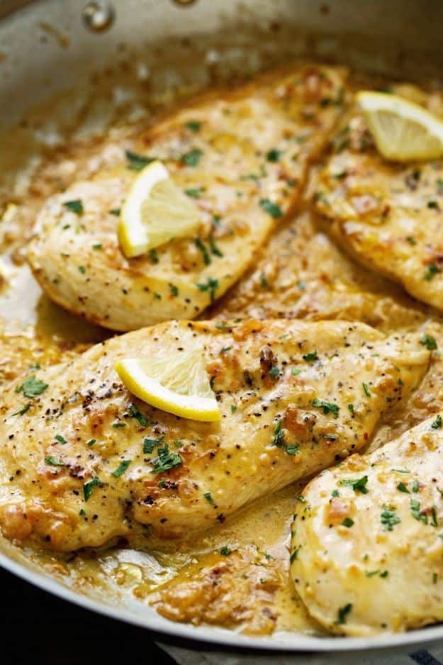 Chicken Breast Recipes - One Skillet Chicken With Lemon Garlic Cream Sauce - Healthy, Easy Chicken Recipes for Dinner, Lunch, Parties and Quick Weeknight Meals - Boneless Chicken Breast Casserole Recipes, Oven Baked Ideas, Crockpot Chicken Breasts, Marinades for Grilled Foods, Salads, Shredded Chicken Tacos, Creamy Pasta, Keto and Low Carb, Mexican, Asian and Italian Food #chicken #recipes #healthy