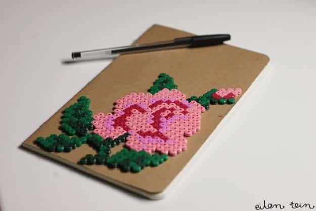 DIY perler bead crafts - Perler Flower Notebook - Easy Crafts With Perler Beads - Cute Accessories and Homemade Decor That Make Creative DIY Gifts - Plastic Melted Beads Make Cool Art for Walls, Jewelry and Things To Make When You are Bored #diy #crafts