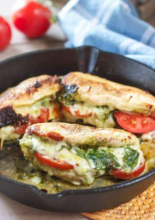 Chicken Breast Recipes - BPesto Mozzarella and Tomato Stuffed Chicken Breasts - Healthy, Easy Chicken Recipes for Dinner, Lunch, Parties and Quick Weeknight Meals - Boneless Chicken Breast Casserole Recipes, Oven Baked Ideas, Crockpot Chicken Breasts, Marinades for Grilled Foods, Salads, Shredded Chicken Tacos, Creamy Pasta, Keto and Low Carb, Mexican, Asian and Italian Food #chicken #recipes #healthy