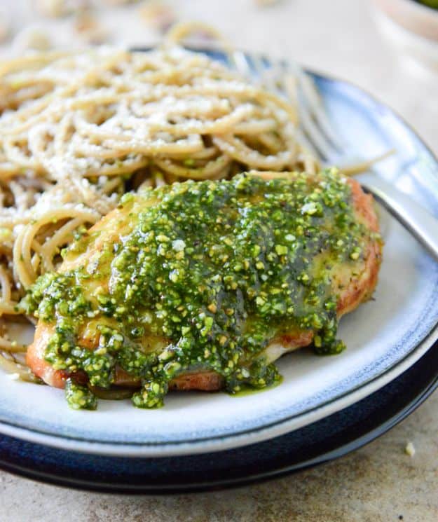 Easy Healthy Chicken Recipes - Pistachio Pesto Chicken With Whole Wheat Spaghetti - Lunch and Dinner Ideas, Party Foods and Casseroles, Idea for the Grill and Salads- Chicken Breast, Baked, Roastedf and Grilled Chicken #recipes #healthy #chicken