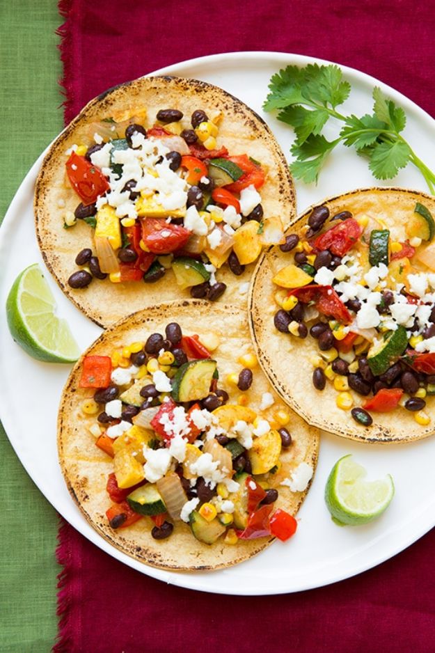  Easy Dinner Recipes - Roasted Veggie and Black Bean Tacos - Quick and Simple Dinner Recipe Ideas for Weeknight and Last Minute Supper - Chicken, Ground Beef, Fish, Pasta, Healthy Salads, Low Fat and Vegetarian Dishes #easyrecipes #dinnerideas #recipes