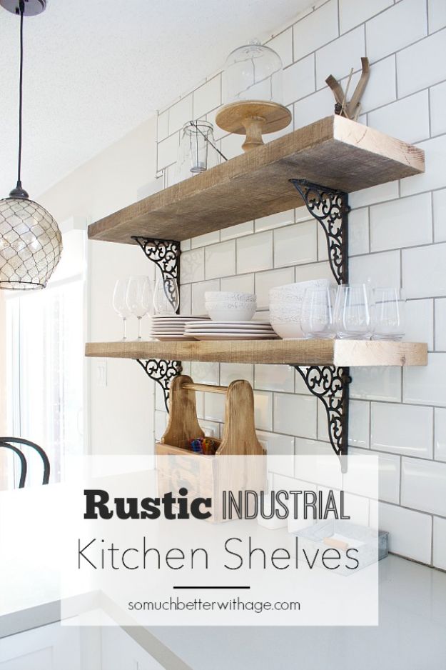 DIY Industrial Decor - Rustic Industrial Kitchen Shelves -  industrial Shelves, Furniture, Table, Desk, Cart, Headboard, Chandelier, Bookcase - Easy Pipe Shelf Tutorial - Rustic Farmhouse Home Decor on A Budget - Lighting Ideas for Bedroom, Bathroom and Kitchen  
