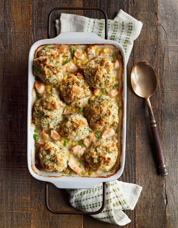 Best Casserole Recipes - Shrimp Chowder with Herb Drop Biscuits - Healthy One Pan Meals Made With Chicken, Hamburger, Potato, Pasta Noodles and Vegetable - Quick Casseroles Kids Like - Breakfast, Lunch and Dinner Options - Mexican, Italian and Homestyle Favorites - Party Foods for A Crowd and Potluck Dishes #recipes #casseroles