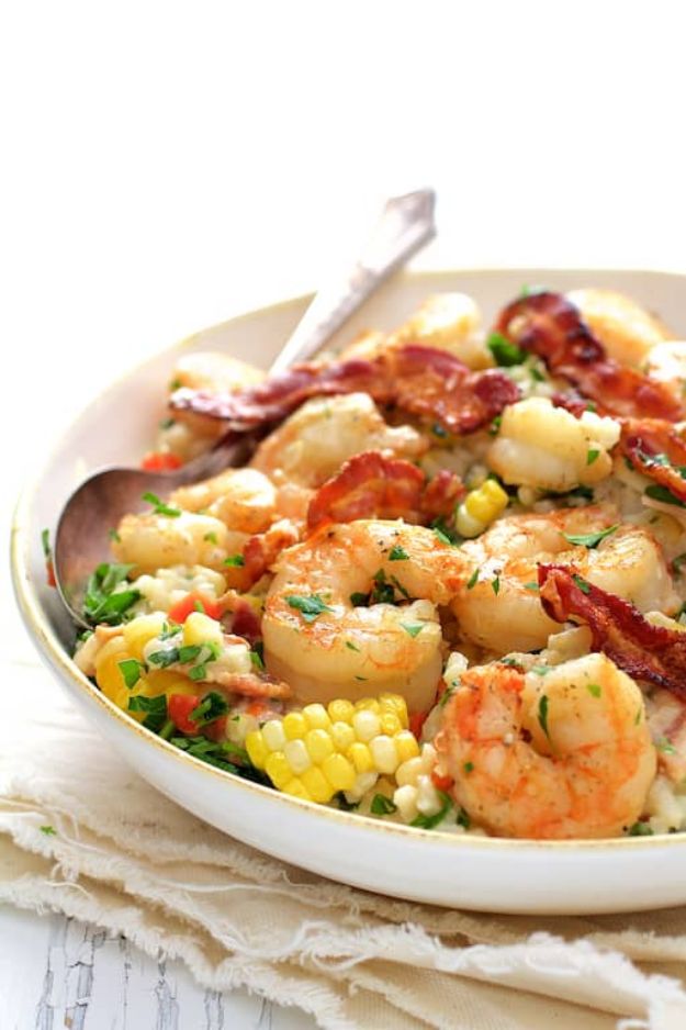 Best Italian Recipes - Shrimp and Corn Risotto with Bacon - Authentic and Traditional italian dishes For Dinner, Appetizers, and Easy Lunch - Pasta with Chicken, Lasagna, Noodles With Cheese, Healthy Recipe Ideas - Party Trays and Food For A Crowd - Fettucini, Spaghetti, Alfredo Sauce, Meatballs, Grilled Steak and Fish, Soup, Seafood, Vegetarian and Crockpot Versions #italian 