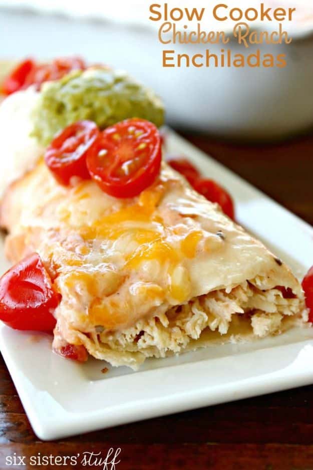 Enchiladas - Slow Cooker Chicken Ranch Enchiladas - Best Easy Enchilada Recipes and Enchilada Casserole With Chicken, Beef, Cheese, Shrimp, Turkey and Vegetarian - Healthy Salsa for Green Verdes, Sour Cream Enchiladas Mexicanas, White Sauce, Crockpot Ideas - Dinner, Lunch and Party Food Ideas to Feed A Group or Crowd #enchiladas #mexican #recipes