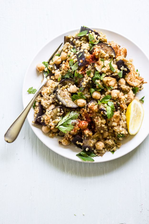 Easy Healthy Chicken Recipes - Spiced Eggplant, Chicken + Chickpea Salad - Lunch and Dinner Ideas, Party Foods and Casseroles, Idea for the Grill and Salads- Chicken Breast, Baked, Roastedf and Grilled Chicken #recipes #healthy #chicken