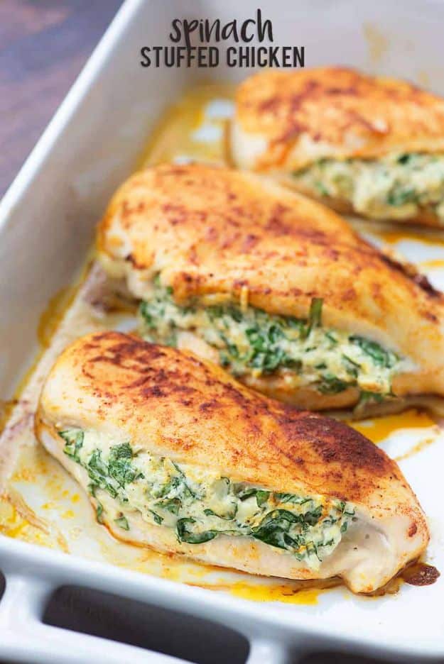 Easy Healthy Chicken Recipes - Spinach Stuffed Chicken - Lunch and Dinner Ideas, Party Foods and Casseroles, Idea for the Grill and Salads- Chicken Breast, Baked, Roastedf and Grilled Chicken #recipes #healthy #chicken