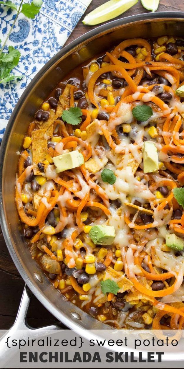 Veggie Noodle Recipes - Spiralized Sweet Potato Enchilada Skillet - How to Cook With Veggie Noodles - Healthy Pasta Recipe Ideas - How to Make Veggie Noodles With Carrots and Zucchini - Vegan, Vegetarian , Keto and Low Carb Dishes for Your Diet - Meatballs, Chicken, Cheese, Asian Stir Fry, Salad and Raw Preparations #veggienoodles #recipes #keto #lowcarb #ketorecipes #veggies #healthyrecipes #veganrecipes 