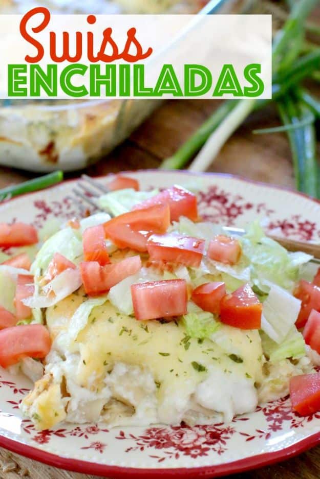 Enchiladas - Swiss Enchiladas - Best Easy Enchilada Recipes and Enchilada Casserole With Chicken, Beef, Cheese, Shrimp, Turkey and Vegetarian - Healthy Salsa for Green Verdes, Sour Cream Enchiladas Mexicanas, White Sauce, Crockpot Ideas - Dinner, Lunch and Party Food Ideas to Feed A Group or Crowd #enchiladas #mexican #recipes