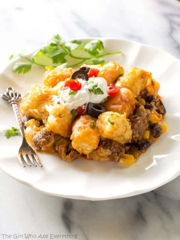 Best Casserole Recipes - Tater Taco Casserole - Healthy One Pan Meals Made With Chicken, Hamburger, Potato, Pasta Noodles and Vegetable - Quick Casseroles Kids Like - Breakfast, Lunch and Dinner Options - Mexican, Italian and Homestyle Favorites - Party Foods for A Crowd and Potluck Dishes #recipes #casseroles