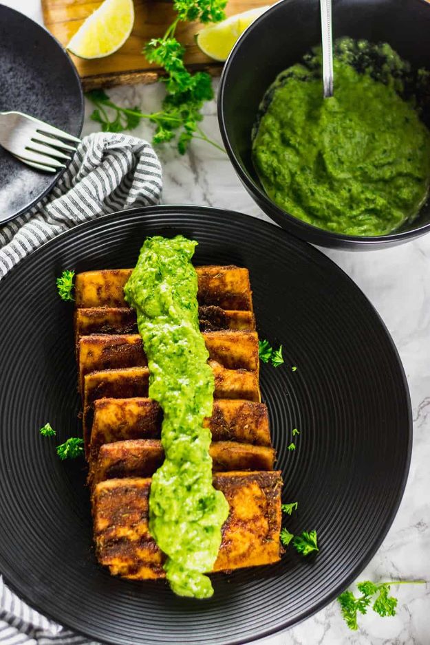 Avocado Recipes - Tofu Steaks With Avocado Chimichurri - Quick Avocado Toast, Eggs, Keto Guacamole, Dips, Salads, Healthy Lunches, Breakfast, Dessert and Dinners - Party Foods, Soups, Low Carb Salad Dressings and Smoothie #avocado #recipes