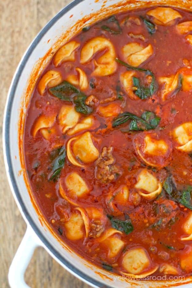 Best Italian Recipes - Tortellini Soup With Italian Sausage and Spinach - Authentic and Traditional italian dishes For Dinner, Appetizers, and Easy Lunch - Pasta with Chicken, Lasagna, Noodles With Cheese, Healthy Recipe Ideas - Party Trays and Food For A Crowd - Fettucini, Spaghetti, Alfredo Sauce, Meatballs, Grilled Steak and Fish, Soup, Seafood, Vegetarian and Crockpot Versions #italian 