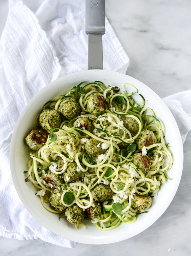 Veggie Noodle Recipes - Zucchini Noodles With Mini Chicken Feta and Spinach Meatballs - How to Cook With Veggie Noodles - Healthy Pasta Recipe Ideas - How to Make Veggie Noodles With Carrots and Zucchini - Vegan, Vegetarian , Keto and Low Carb Dishes for Your Diet - Meatballs, Chicken, Cheese, Asian Stir Fry, Salad and Raw Preparations #veggienoodles #recipes #keto #lowcarb #ketorecipes #veggies #healthyrecipes #veganrecipes 