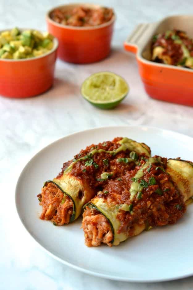 Enchiladas - Zucchini Wrapped Chicken Enchiladas - Best Easy Enchilada Recipes and Enchilada Casserole With Chicken, Beef, Cheese, Shrimp, Turkey and Vegetarian - Healthy Salsa for Green Verdes, Sour Cream Enchiladas Mexicanas, White Sauce, Crockpot Ideas - Dinner, Lunch and Party Food Ideas to Feed A Group or Crowd #enchiladas #mexican #recipes