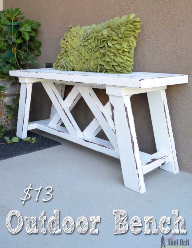 DIY Patio Furniture Ideas - Build a $13 Patio Bench - Cheap Do It Yourself Porch and Easy Backyard Furniture, Rocking Chairs, Swings, Benches, Stools and Seating Tutorials - Dining Tables from Pallets, Cinder Blocks and Upcyle Ideas - Sectional Couch Plans With Cushions - Makeover Tips for Existing Furniture #diyideas #outdoors #diy #backyardideas #diyfurniture #patio #diyjoy http://diyjoy.com/diy-patio-furniture-ideas