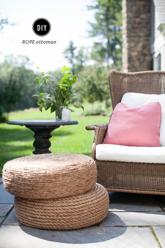 DIY Outdoor Furniture - DIY Rope Ottomans - Cheap and Easy Ideas for Patio and Porch Seating and Tables, Chairs, Sofas - How To Make Outdoor Furniture Projects on A Budget - Fmaily Friendly Decor Kids Love - Quick Projects to Make This Weekend - Swings, Pallet Tables, End Tables, Rocking Chairs, Daybeds and Benches  
