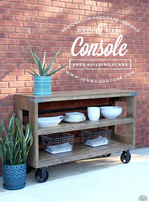 DIY Outdoor Furniture - Industrial Wood and Steel Console - Cheap and Easy Ideas for Patio and Porch Seating and Tables, Chairs, Sofas - How To Make Outdoor Furniture Projects on A Budget - Fmaily Friendly Decor Kids Love - Quick Projects to Make This Weekend - Swings, Pallet Tables, End Tables, Rocking Chairs, Daybeds and Benches  