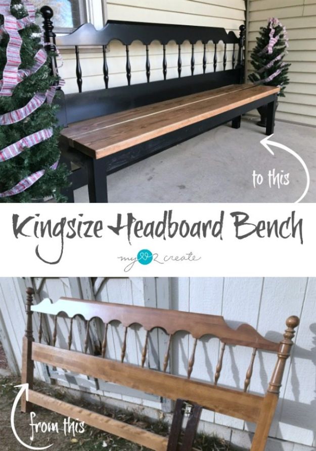 DIY Outdoor Furniture - Kingsize Headboard Bench - Cheap and Easy Ideas for Patio and Porch Seating and Tables, Chairs, Sofas - How To Make Outdoor Furniture Projects on A Budget - Fmaily Friendly Decor Kids Love - Quick Projects to Make This Weekend - Swings, Pallet Tables, End Tables, Rocking Chairs, Daybeds and Benches  